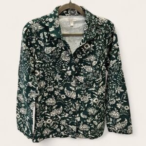 Garnet Hill Organic Cotton Long Sleeve Green Floral Print Sleep Top, Size Small